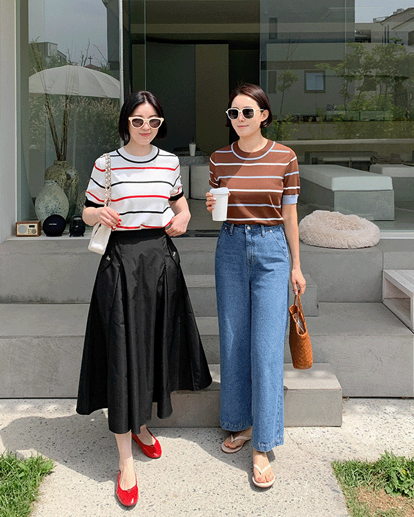 配色ライン半そでニット